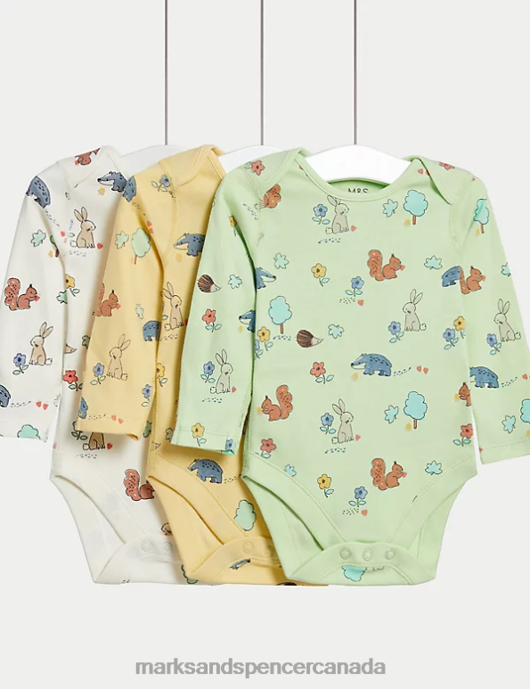 Marks and Spencer near me - Baby Yellow Mix Clothing Marks & Spencer 3pk Pure Cotton Woodland Print Bodysuits 20VTD7636