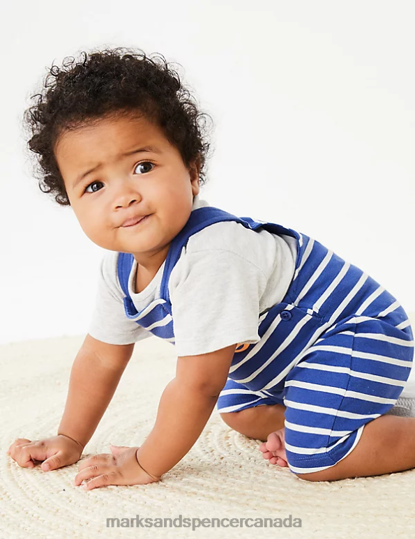 Baby Blue Clothing Marks & Spencer Pure Cotton Smile Slogan Striped Dungarees 20VTD7381 - Marks and Spencer outlet