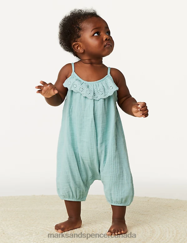 Baby Light Teal Clothing Marks & Spencer Pure Cotton Broderie Romper 20VTD7968 - Marks and Spencer outlet