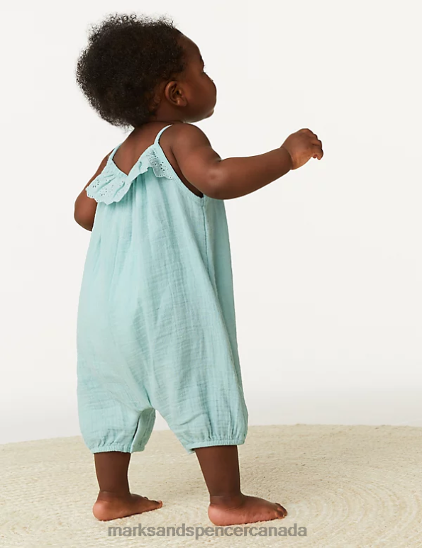Baby Light Teal Clothing Marks & Spencer Pure Cotton Broderie Romper 20VTD7968 - Marks and Spencer outlet