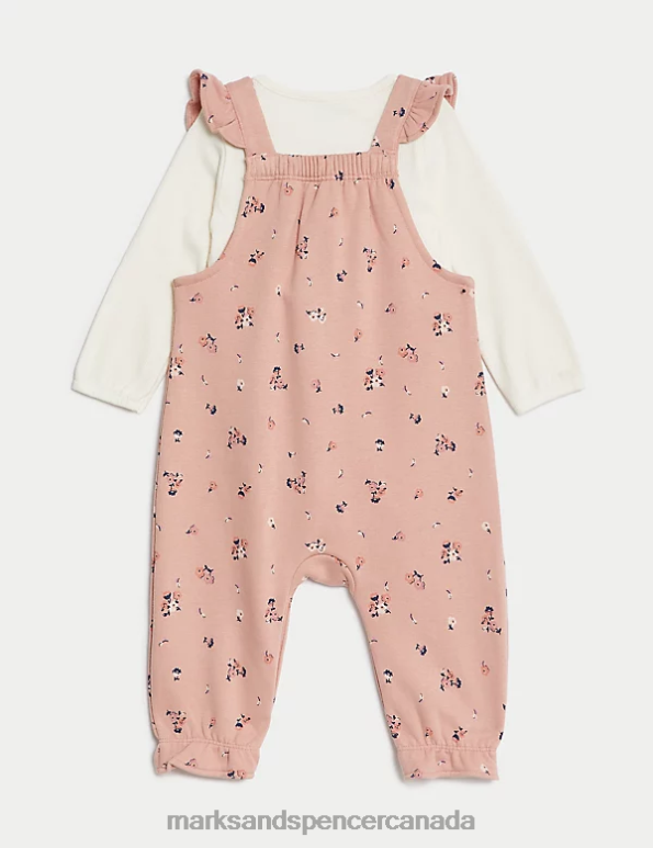 Marks and Spencer near me - Baby Pink Mix Clothing Marks & Spencer 2pc Cotton Rich Floral Dungaree Outfit 20VTD7712