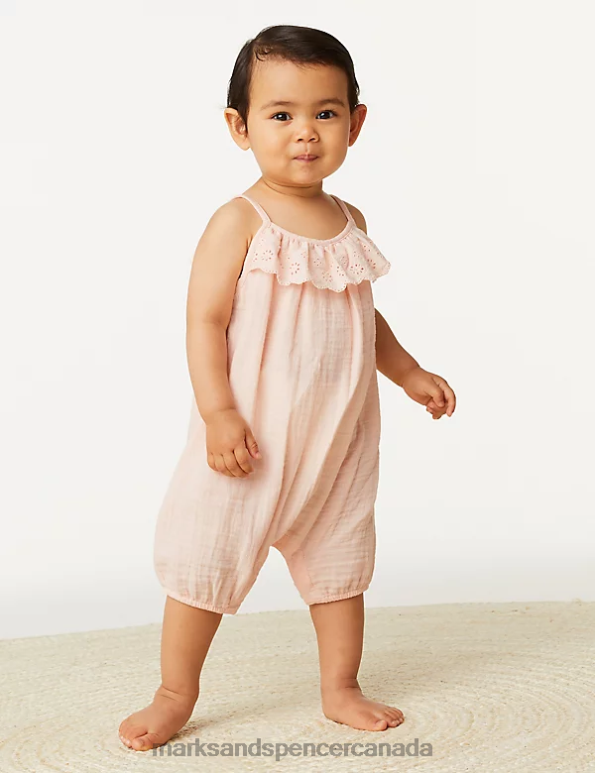 Marks and Spencer Canada - Baby Soft Peach Clothing Marks & Spencer Pure Cotton Broderie Romper 20VTD7751