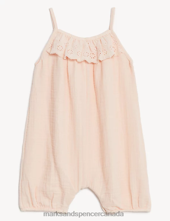 Marks and Spencer Canada - Baby Soft Peach Clothing Marks & Spencer Pure Cotton Broderie Romper 20VTD7751