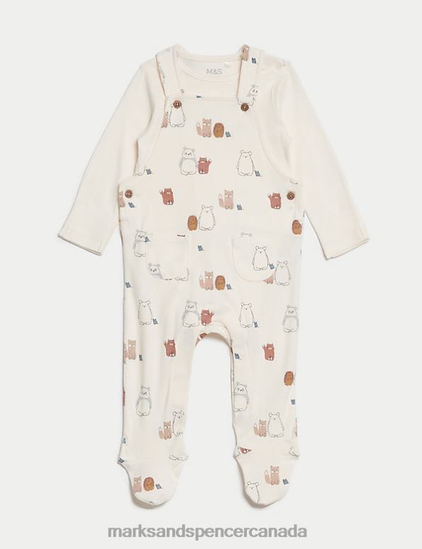 Marks and Spencer near me - Baby White Mix Clothing Marks & Spencer 2pc Pure Cotton Animal Dungarees Outfit 20VTD7785