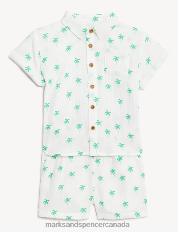 Baby White Mix Clothing Marks & Spencer Pure Cotton Palm Tree Shirt & Shorts Set 20VTD7558 - Marks and Spencer online