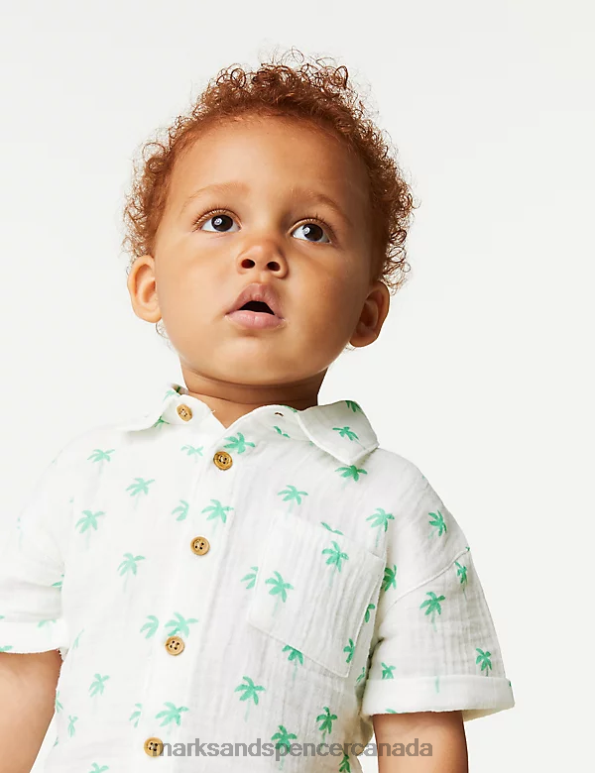Baby White Mix Clothing Marks & Spencer Pure Cotton Palm Tree Shirt & Shorts Set 20VTD7558 - Marks and Spencer online