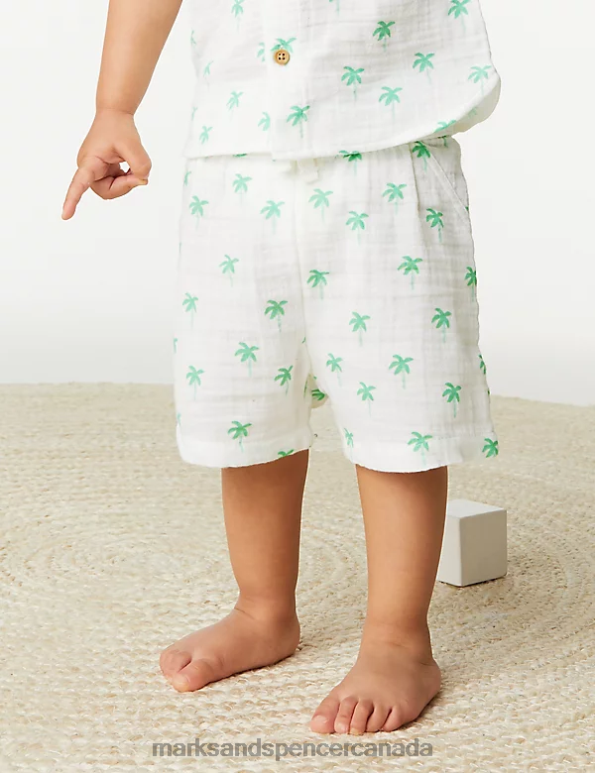 Baby White Mix Clothing Marks & Spencer Pure Cotton Palm Tree Shirt & Shorts Set 20VTD7558 - Marks and Spencer online