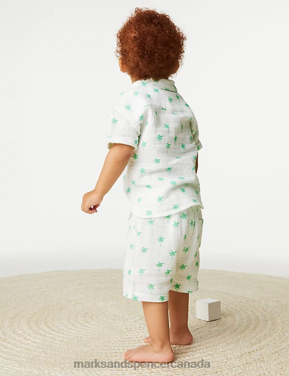 Baby White Mix Clothing Marks & Spencer Pure Cotton Palm Tree Shirt & Shorts Set 20VTD7558 - Marks and Spencer online