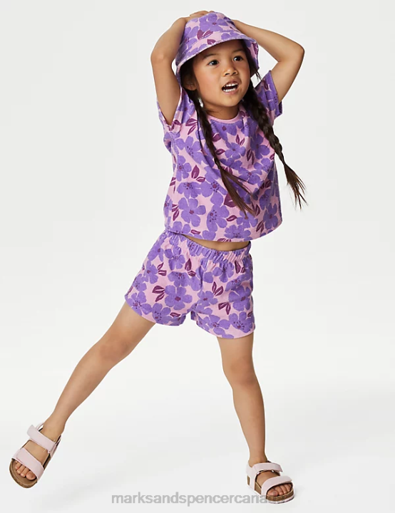 Marks and Spencer sale - Marks & Spencer Baby 3pc Cotton Rich Towelling Floral Outfit Clothing Purple 20VTD9138