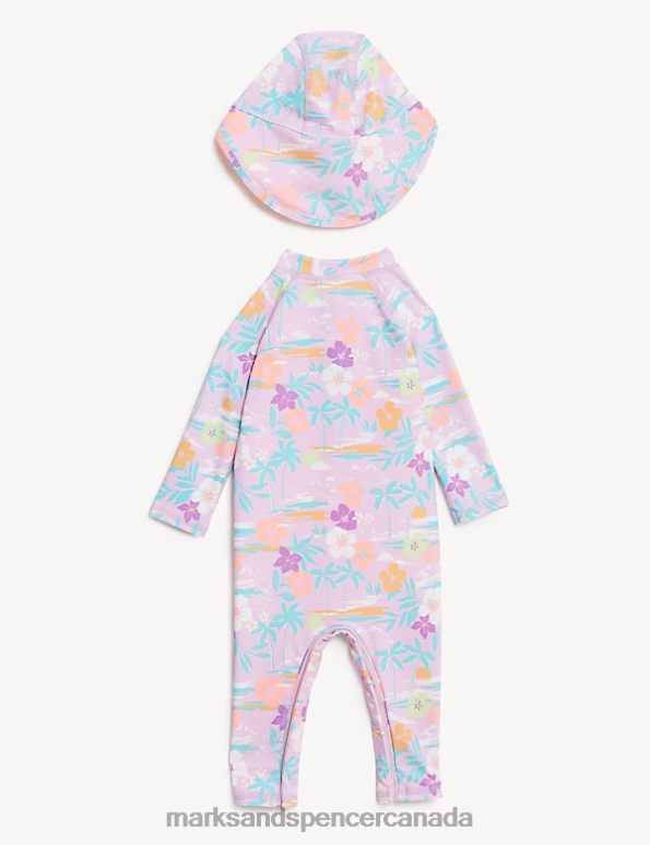 Baby Pink Mix Clothing Marks & Spencer 2pc Tropical Short Leg Swimsuit & Hat Set 20VTD7763 - Marks and Spencer outlet