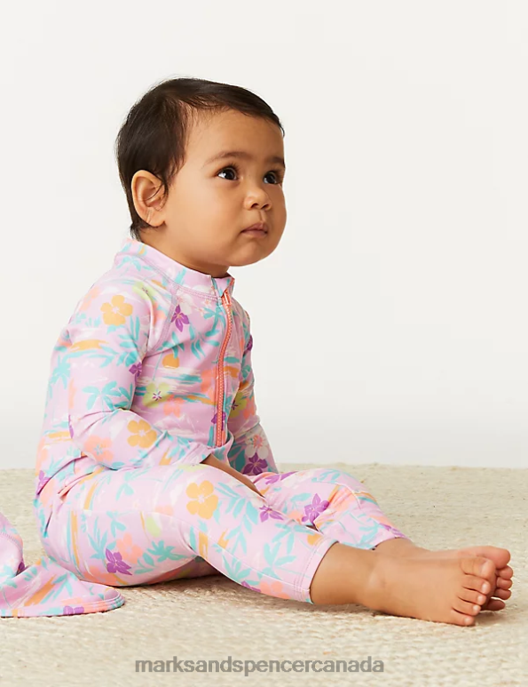 Baby Pink Mix Clothing Marks & Spencer 2pc Tropical Short Leg Swimsuit & Hat Set 20VTD7763 - Marks and Spencer outlet