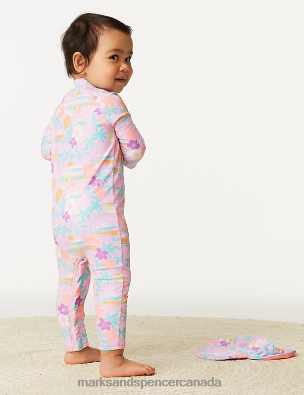 Baby Pink Mix Clothing Marks & Spencer 2pc Tropical Short Leg Swimsuit & Hat Set 20VTD7763 - Marks and Spencer outlet