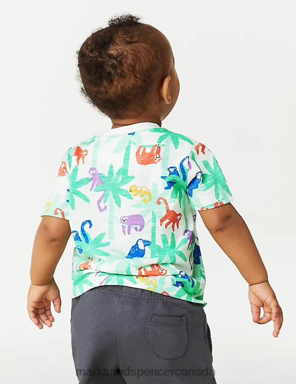 Marks and Spencer Canada - Baby Bright Blue Clothing Marks & Spencer 3pk Pure Cotton Palm Tree Print T-Shirts 20VTD7536