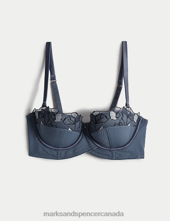 Unisex Air Force Blue Clothing Marks & Spencer Iris Embroidery Wired Longline Balcony Bra 20VTD3714 - Marks and Spencer outlet