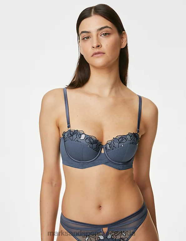 Unisex Air Force Blue Clothing Marks & Spencer Iris Embroidery Wired Longline Balcony Bra 20VTD3714 - Marks and Spencer outlet