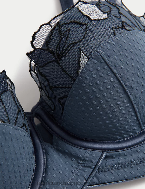 Unisex Air Force Blue Clothing Marks & Spencer Iris Embroidery Wired Longline Balcony Bra 20VTD3714 - Marks and Spencer outlet