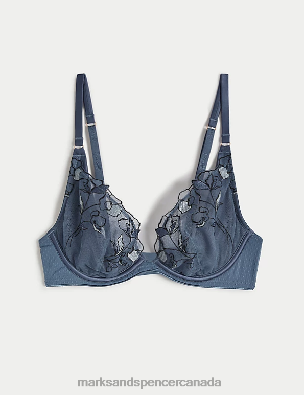 Marks and Spencer Canada - Unisex Air Force Blue Clothing Marks & Spencer Iris Embroidery Wired Plunge Bra 20VTD3698