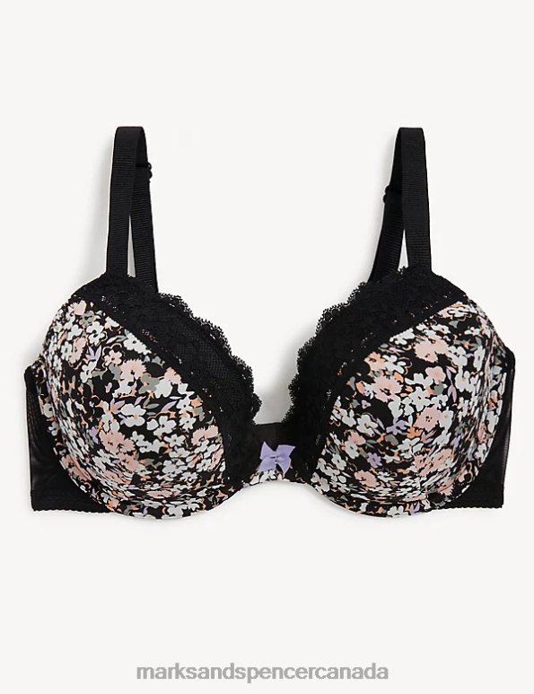 Unisex Black Mix Clothing Marks & Spencer Printed Lace Trim Wired Plunge Bra 20VTD4531 - Marks and Spencer Canada locations