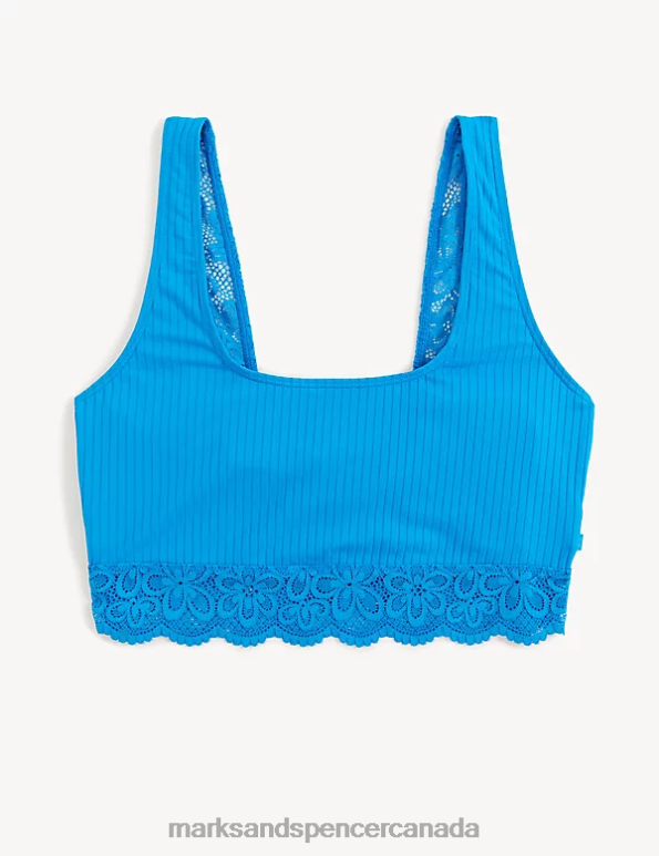 Unisex Bright Turquoise Clothing Marks & Spencer Cleo Rib & Lace Non Wired Crop Top 20VTD3904 - Marks and Spencer outlet