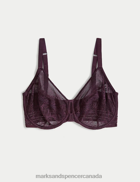 Unisex Dark Purple Clothing Marks & Spencer Marseilles Lace Wired Minimiser Bra 20VTD3697 - Marks and Spencer outlet