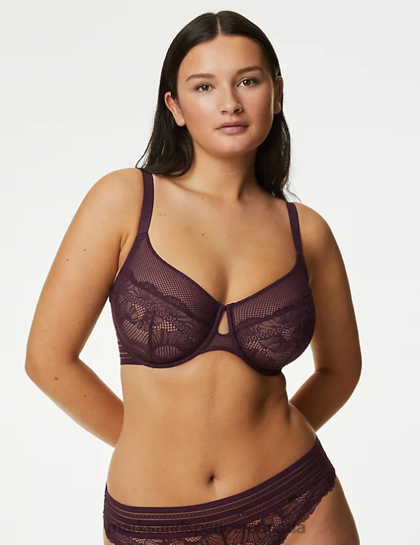 Unisex Dark Purple Clothing Marks & Spencer Marseilles Lace Wired Minimiser Bra 20VTD3697 - Marks and Spencer outlet