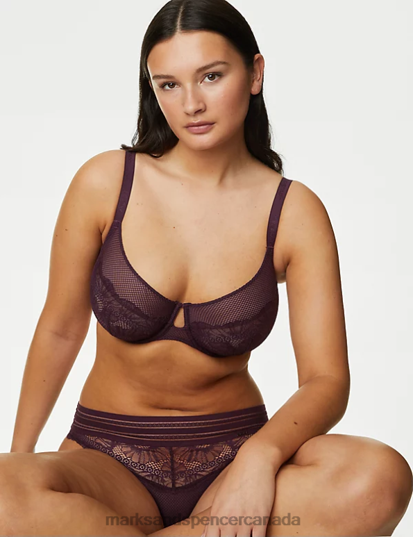 Unisex Dark Purple Clothing Marks & Spencer Marseilles Lace Wired Minimiser Bra 20VTD3697 - Marks and Spencer outlet