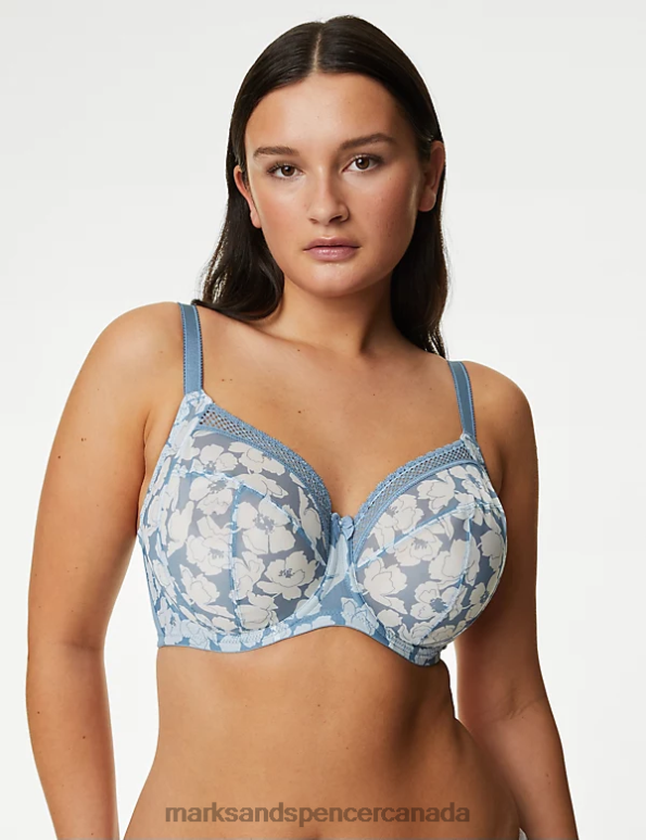 Marks and Spencer Canada - Unisex Grey Blue Clothing Marks & Spencer Printed Mesh Wired Extra Support Bra 20VTD4283