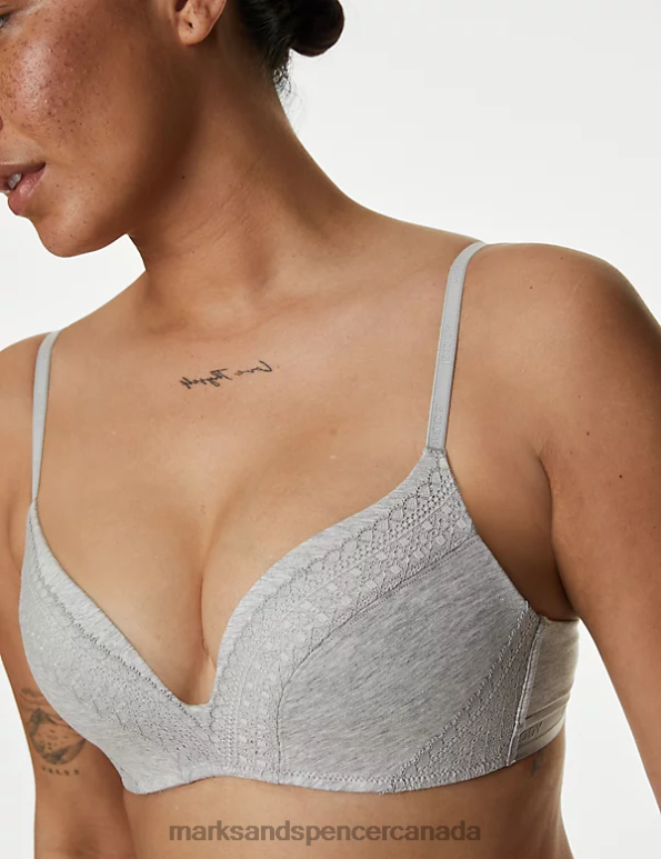 Unisex Grey Marl Clothing Marks & Spencer Cotton with Cool Comfort Non-Wired Push Up Bra 20VTD4026 - Marks and Spencer online