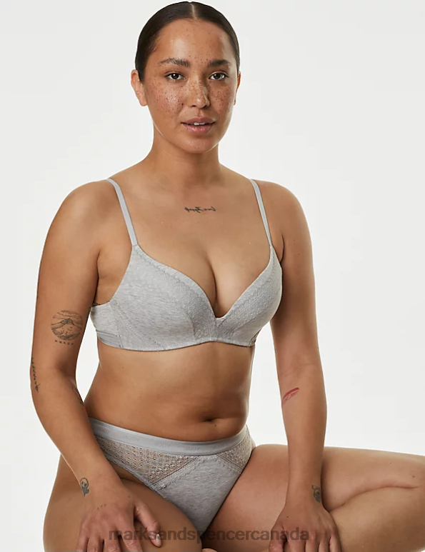Unisex Grey Marl Clothing Marks & Spencer Cotton with Cool Comfort Non-Wired Push Up Bra 20VTD4026 - Marks and Spencer online