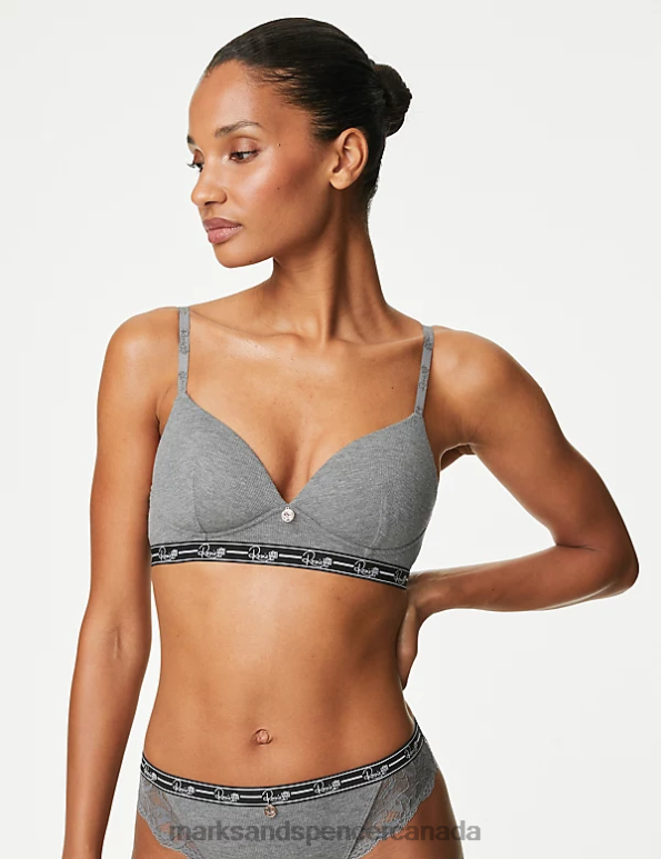 Unisex Grey Marl Clothing Marks & Spencer Ribbed Lounge Non Wired Plunge Bra 20VTD4537 - Marks and Spencer outlet
