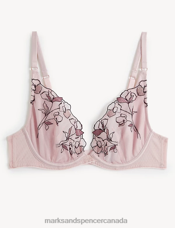 Unisex Powder Pink Clothing Marks & Spencer Iris Embroidery Wired Plunge Bra 20VTD3958 - Marks and Spencer outlet