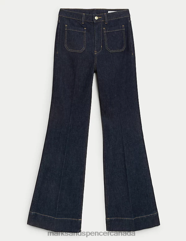 Unisex Indigo Mix Clothing Marks & Spencer Patch Pocket Flare High Waisted Jeans 20VTD197 - Marks and Spencer Canada locations