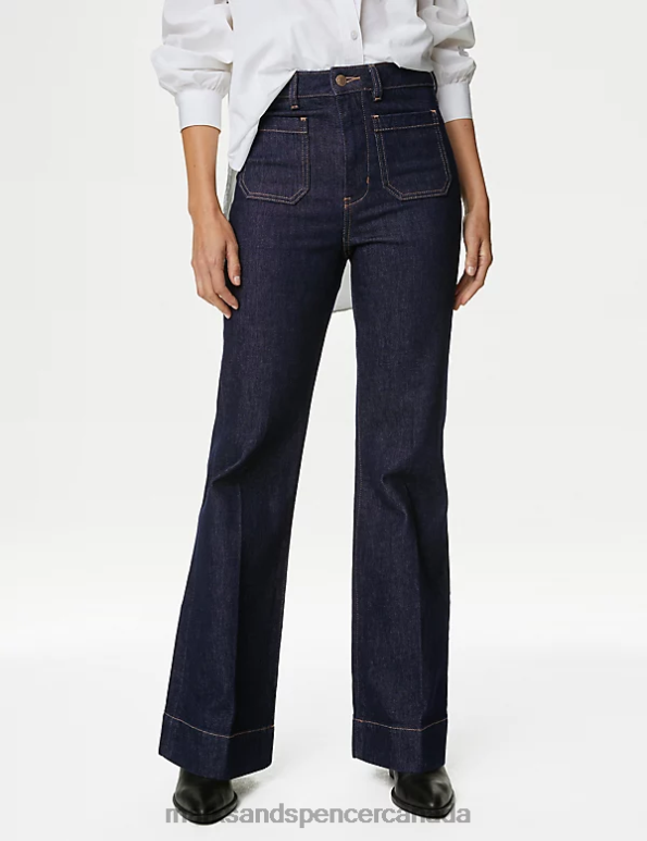 Unisex Indigo Mix Clothing Marks & Spencer Patch Pocket Flare High Waisted Jeans 20VTD197 - Marks and Spencer Canada locations