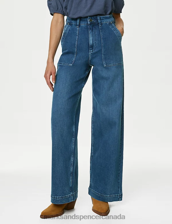 Marks and Spencer Canada - Unisex Medium Indigo Clothing Marks & Spencer High Waisted Wide Leg Jeans 20VTD495