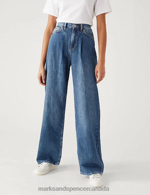 Unisex Medium Indigo Clothing Marks & Spencer Linen Blend High Waisted Wide Leg Jeans 20VTD1906 - Marks and Spencer online