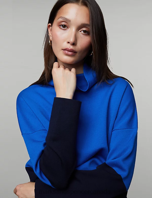 Marks and Spencer near me - Unisex Blue Mix Clothing Marks & Spencer Merino Wool Rich Colour Block Jumper 20VTD1121