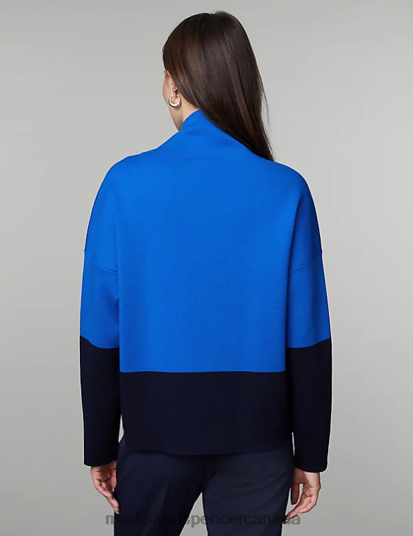 Marks and Spencer near me - Unisex Blue Mix Clothing Marks & Spencer Merino Wool Rich Colour Block Jumper 20VTD1121