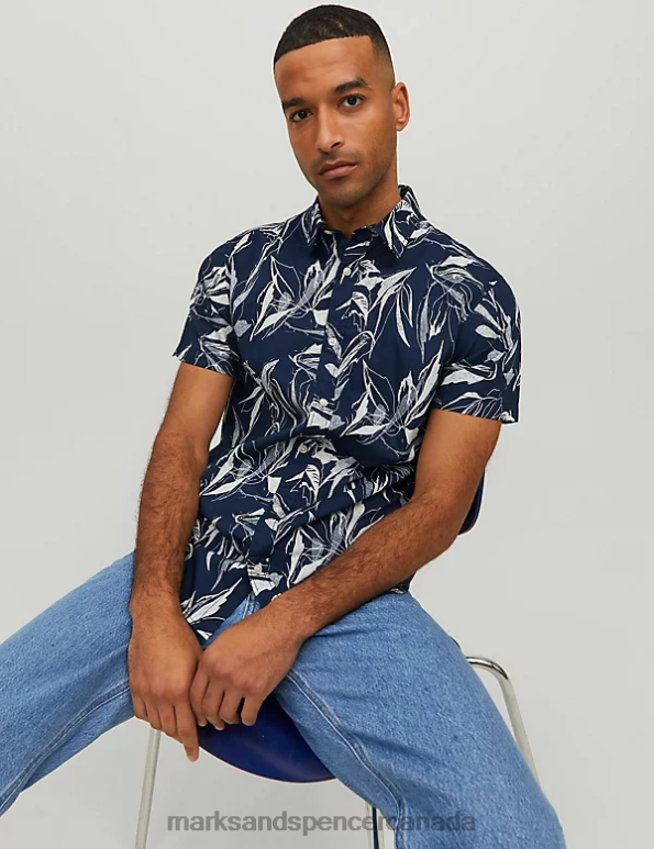 Unisex Navy Clothing Marks & Spencer Pure Cotton Leaf Print Oxford Shirt 20VTD6748 - Marks and Spencer outlet