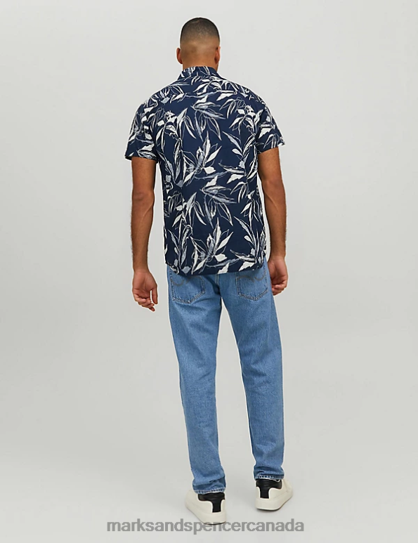 Unisex Navy Clothing Marks & Spencer Pure Cotton Leaf Print Oxford Shirt 20VTD6748 - Marks and Spencer outlet