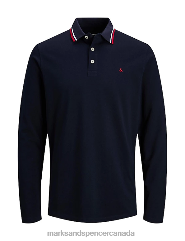 Marks and Spencer Canada - Unisex Navy Mix Clothing Marks & Spencer Pure Cotton Long Sleeve Polo Shirt 20VTD7035