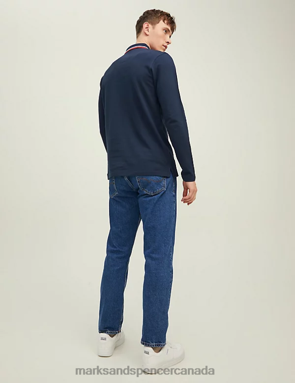 Marks and Spencer Canada - Unisex Navy Mix Clothing Marks & Spencer Pure Cotton Long Sleeve Polo Shirt 20VTD7035