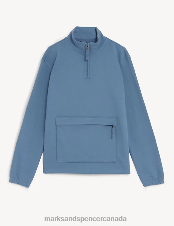 Unisex Dusty Blue Clothing Marks & Spencer Pure Cotton Funnel Neck Half Zip Sweatshirt 20VTD5991 - Marks and Spencer online