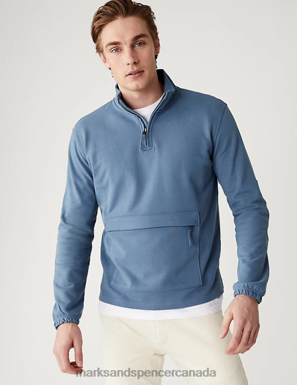 Unisex Dusty Blue Clothing Marks & Spencer Pure Cotton Funnel Neck Half Zip Sweatshirt 20VTD5991 - Marks and Spencer online