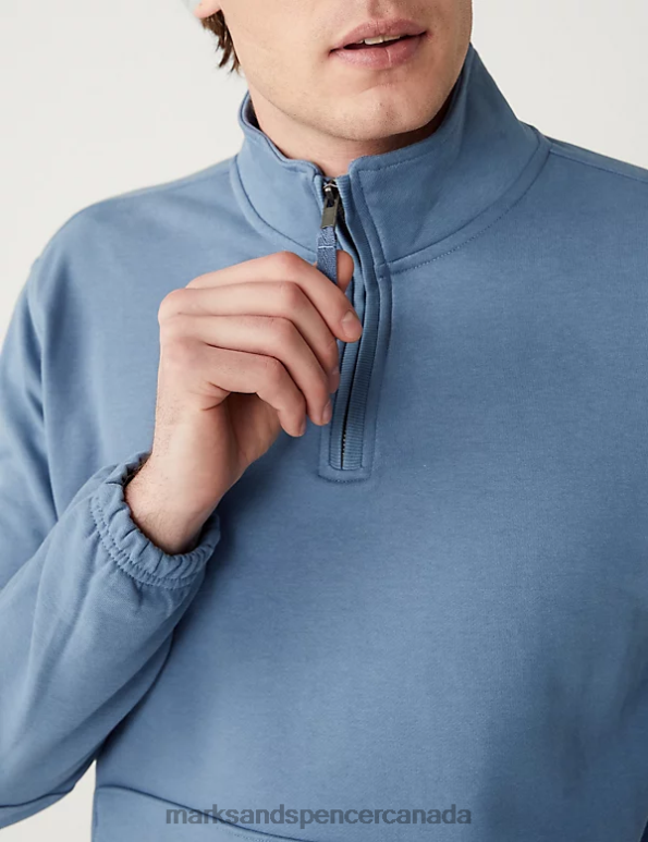 Unisex Dusty Blue Clothing Marks & Spencer Pure Cotton Funnel Neck Half Zip Sweatshirt 20VTD5991 - Marks and Spencer online