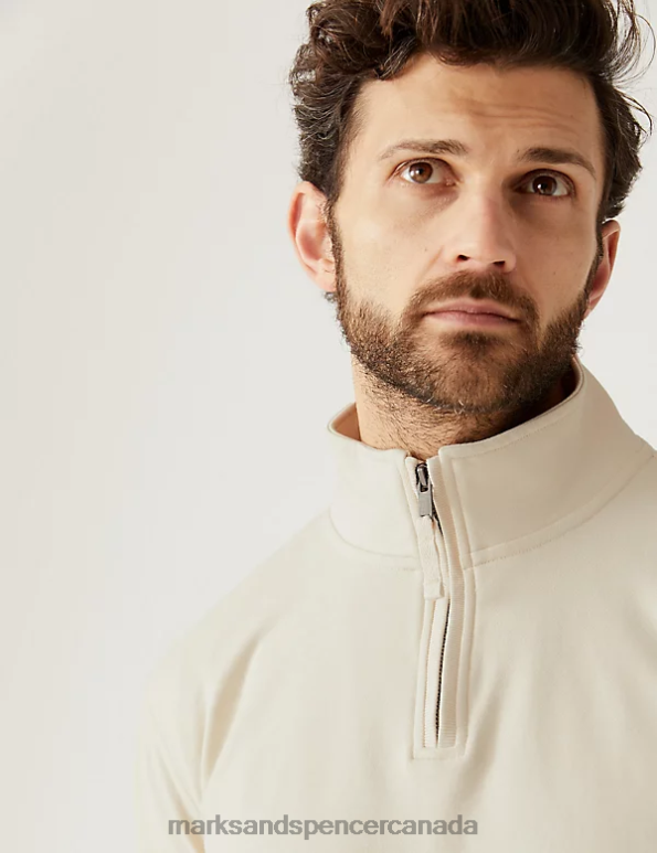 Unisex Ecru Clothing Marks & Spencer Pure Cotton Funnel Neck Half Zip Sweatshirt 20VTD6377 - Marks and Spencer Canada locations