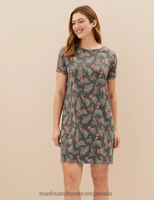 Marks and Spencer sale - Unisex Khaki Mix Lingerie Marks & Spencer Cotton Rich Parrot Print Short Nightdress 20VTD3674