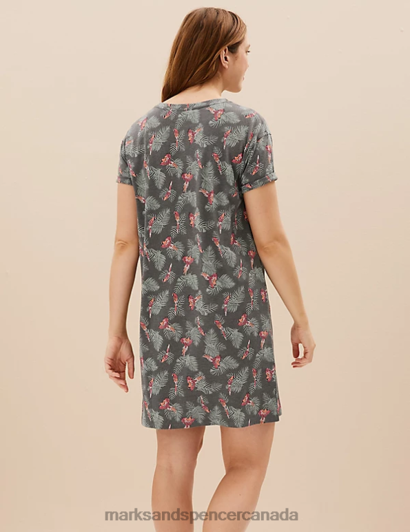 Marks and Spencer sale - Unisex Khaki Mix Lingerie Marks & Spencer Cotton Rich Parrot Print Short Nightdress 20VTD3674