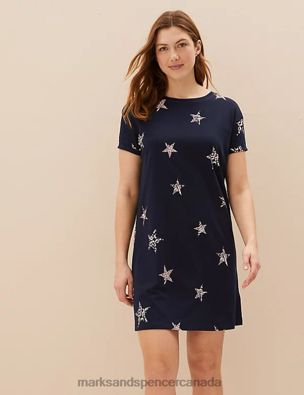 Marks and Spencer near me - Unisex Navy Mix Lingerie Marks & Spencer Pure Cotton Star Print Short Nightdress 20VTD3569