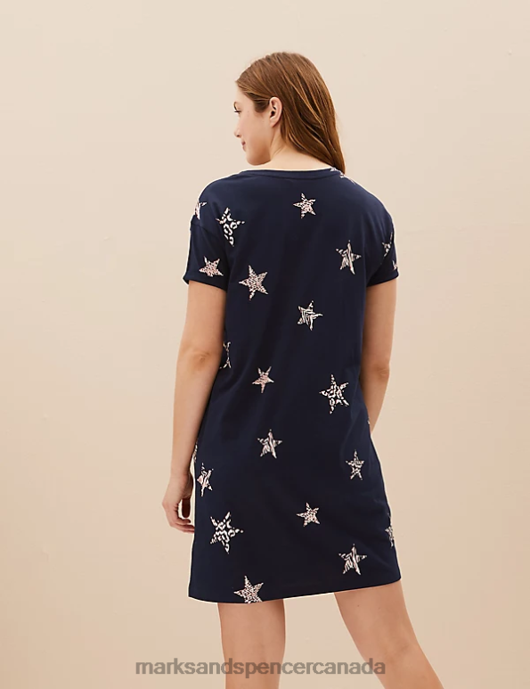 Marks and Spencer near me - Unisex Navy Mix Lingerie Marks & Spencer Pure Cotton Star Print Short Nightdress 20VTD3569