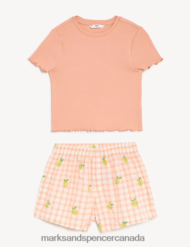 Marks and Spencer sale - Lingerie 20VTD9444 Orange Mix Unisex Marks & Spencer Cotton Rich Lemon Checked Short Pyjama Set